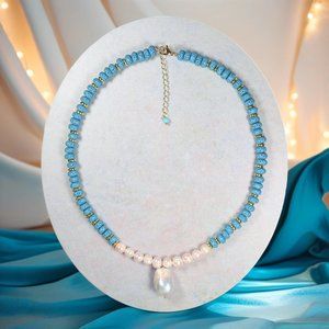 Blue Lava Stone and Freshwater Pearl Necklace.